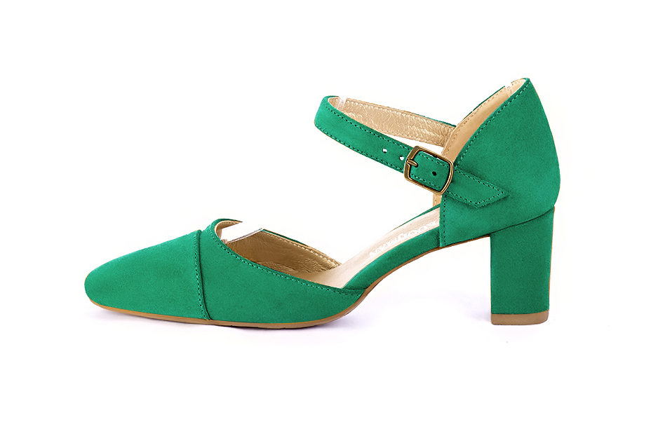 Emerald green open side elegant shoes, with an instep strap. Round toe. Medium block heels. - Florence KOOIJMAN